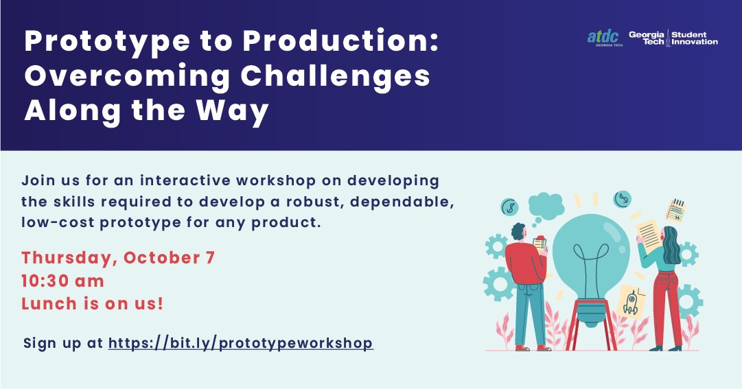 GaTechCAE's tweet photo. Join us on Thursday, October 7 at 10:30 am for an interactive workshop on developing the skills required to develop a robust, dependable, low-cost prototype for any product. Sign up for lunch at https://t.co/V42IKe2Jt7 .

#prototype #innovation #startup #entrepreneur https://t.co/2sbEXwNsMj