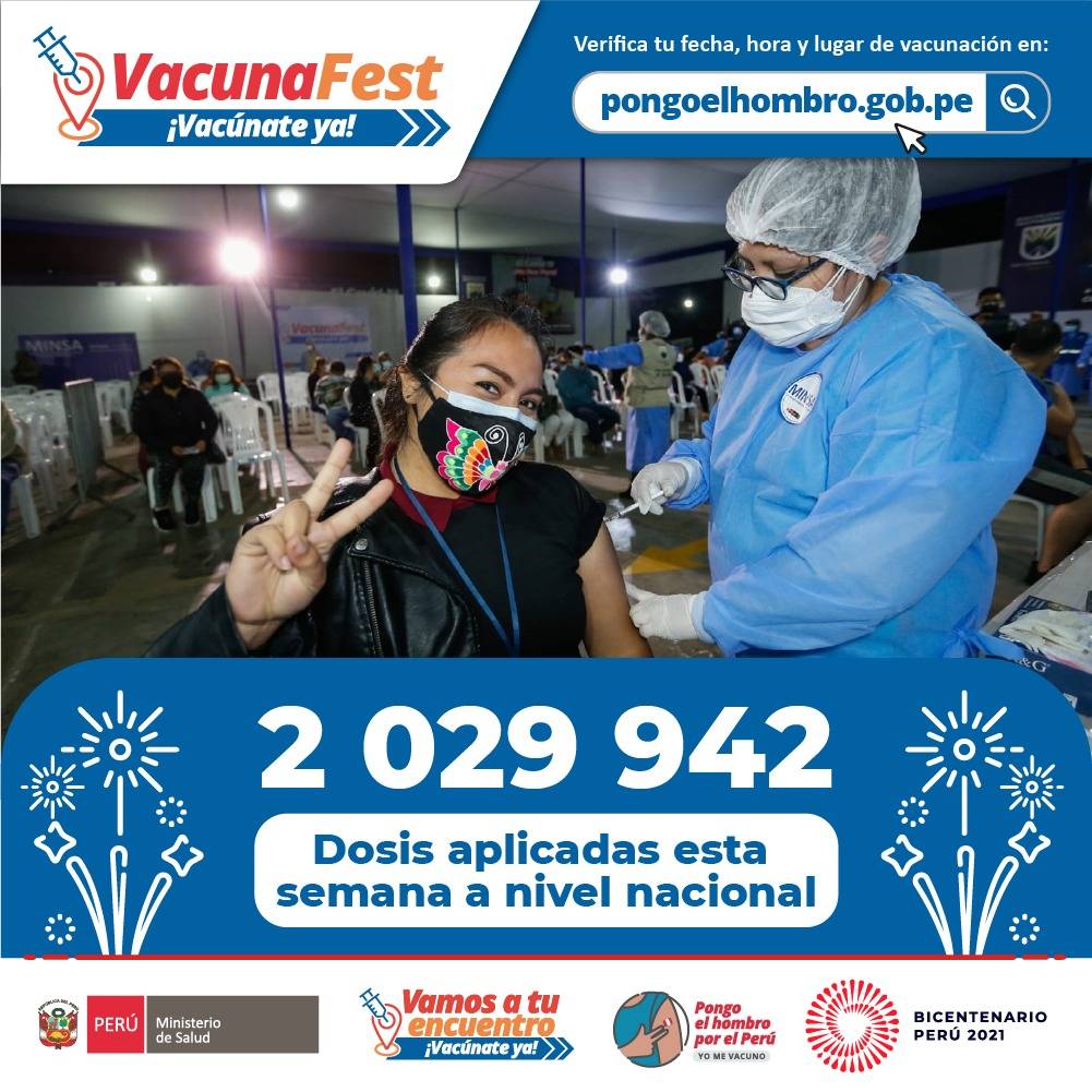 Minsa_Peru's tweet photo. ¡Más personas se siguen vacunando contra la #COVID19! 💉✨
Esta es la cifra semanal de vacunación a nivel nacional hasta el domingo 3 de octubre, incluyendo los vacunados en el #VacunaFest contra la COVID-19. 💪🏼 https://t.co/ni44d8zSo2