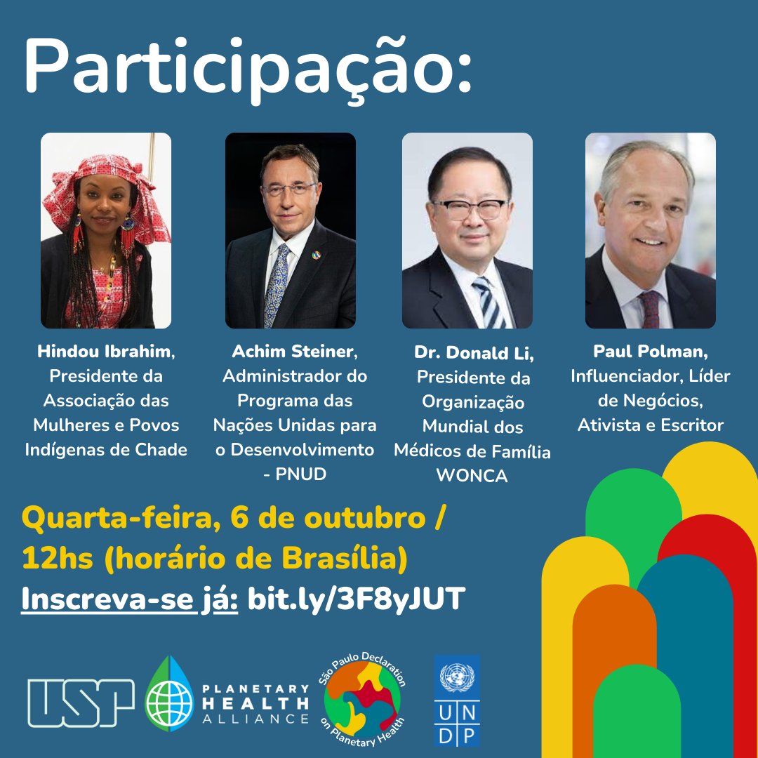 JUNTE-SE A NÓS no lançamento da #SãoPauloDeclaration sobre Saúde Planetária, que será também publicada na revista <a href="/TheLancet/">The Lancet</a> em 6/10, às 12h BRT. Faça sua inscrição para o evento, co-patrocinado pela <a href="/UNDP/">UN Development</a>: bit.ly/3F8yJUT <a href="/usponline/">USP - Universidade de São Paulo</a> <a href="/ph_alliance/">Planetary Health Alliance</a> <a href="/wellcometrust/">Wellcome</a> #pham2021