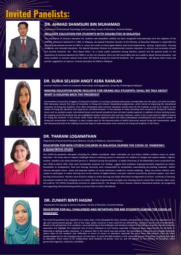 ClusterUm's tweet photo. Researchers' Empowerment Series 4/2021 - A Panel Discussion on 'No Child Left Behind: Inclusive and Quality Education for All in Malaysia'
Date: 8 October 2021 (Friday)
Time: 10.00 am - 12.00 pm
Platform: Microsoft 365- Teams 
Click Here to Register: https://t.co/krONvDWXnO https://t.co/apAvhTsqFm