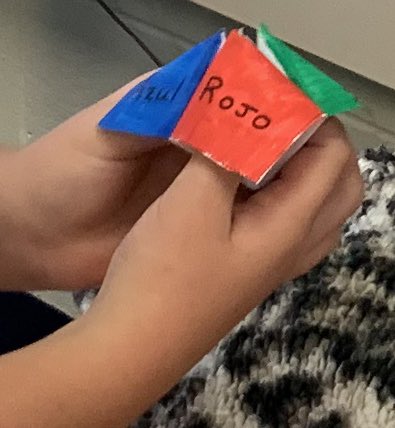 So glad that we can do interactive activities once again in Spanish class! 4th graders use their “fortune tellers” to practice colors, numbers and greeting questions! #beartavernpride