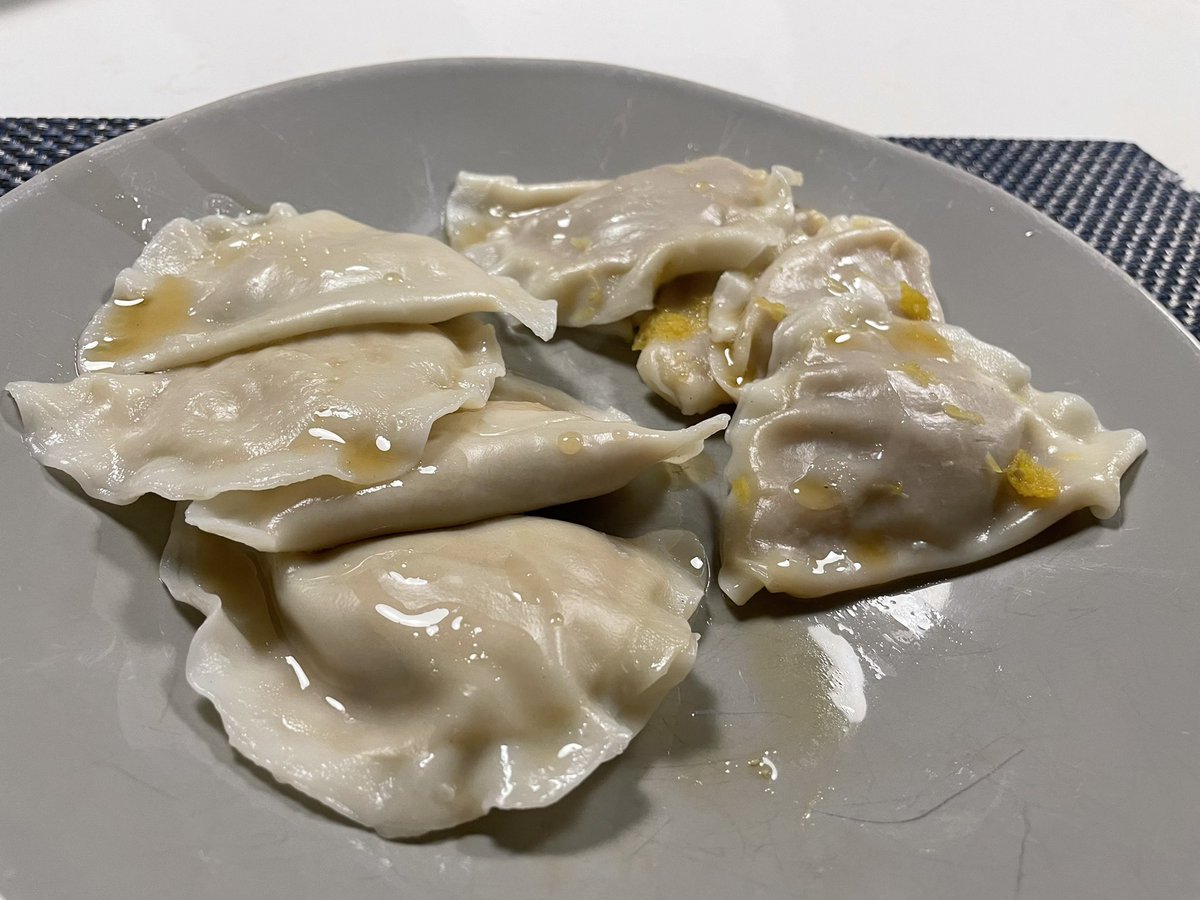 Another cooking first for me tonight, thanks to <a href="/HBHarvest/">Half Baked Harvest</a>. Ginger sesame dumplings done 2 ways: acorn squash and chicken. Served with garlic chilli sesame oil. Likely a bit sloppy but really tasty!