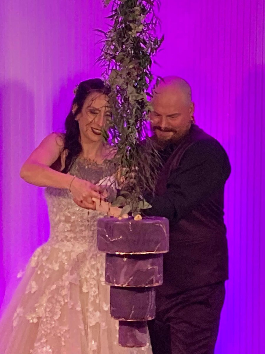KellyDestroys's tweet photo. I married my best friend and hung our cake upside down 💜🖤💜🖤

@drawmooredood 

#goals #cake #wedding #Trending #cakessosimple https://t.co/17aOs9DI8s