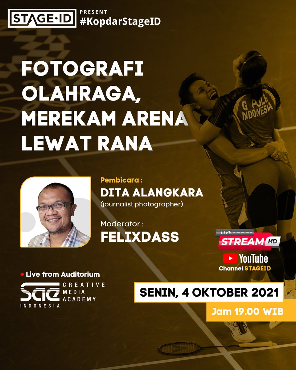 Nanti malam, Senin, 4 Oktober 2021. Mulai 19.00 WIB di Youtubenya <a href="/stageID/">foto aksi panggung</a>. Disiarkan langsung dari <a href="/SAEjakarta/">SAE Indonesia</a>. Bersama <a href="/DitaAlangkara/">Dita Alangkara</a>, ngobrolin fotografi olahraga. Yolayolayola. Sampai jumpa.