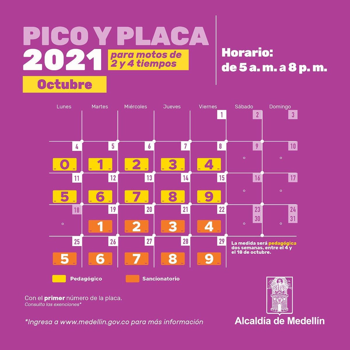 Alcaldia De Medellin On Twitter Recuerda Que Manana Comienza El Pico Y Placa Para Motos De 2 Y 4 Tiempos Te Presentamos El Calendario De Pico Y Placa Para Octubre