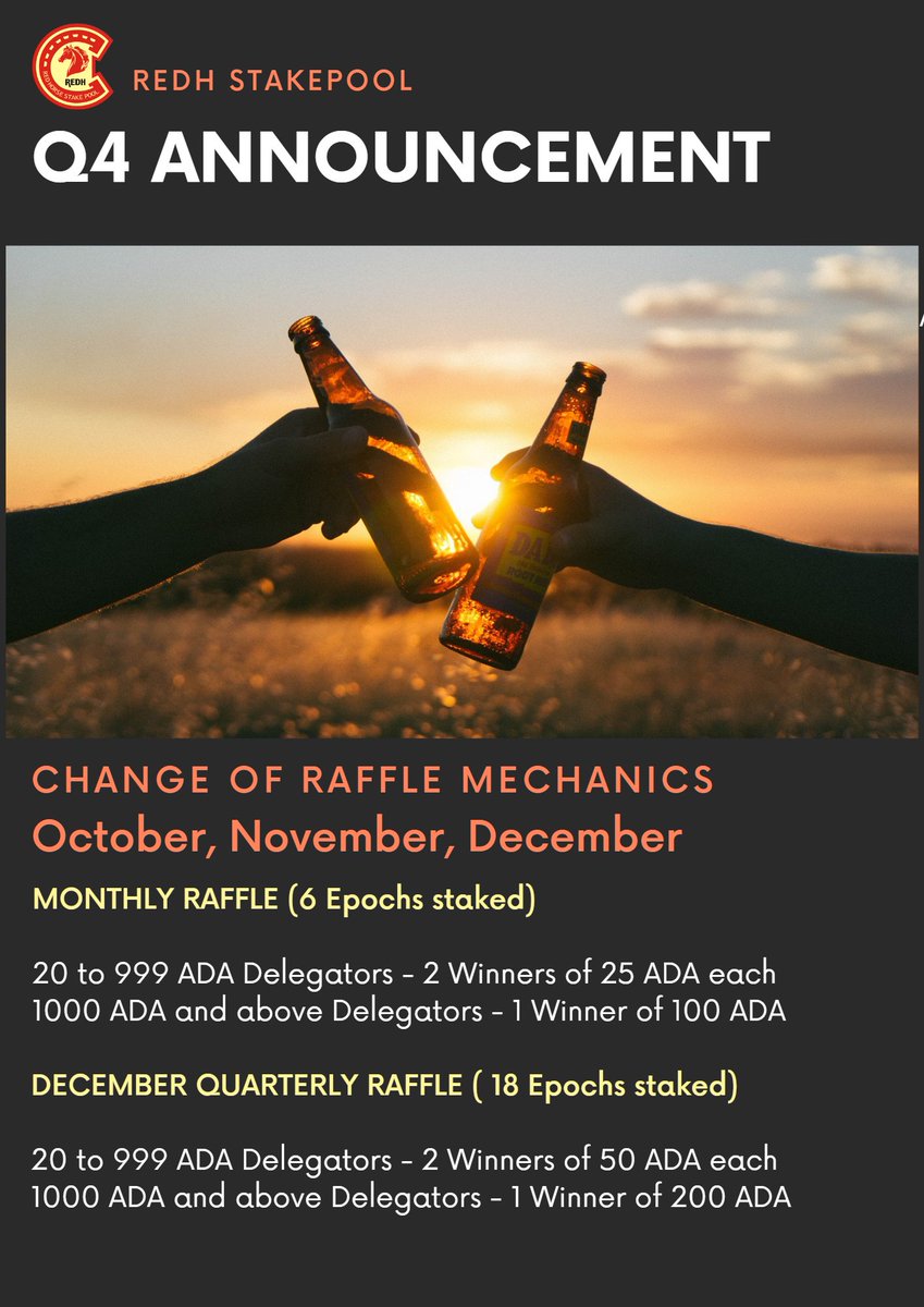 RedhPool's tweet image. Announcement!!

Delegate your $ADA to REDH Stake Pool and win $ADA 🍻

@ohi_napala @pioryan @PioJian