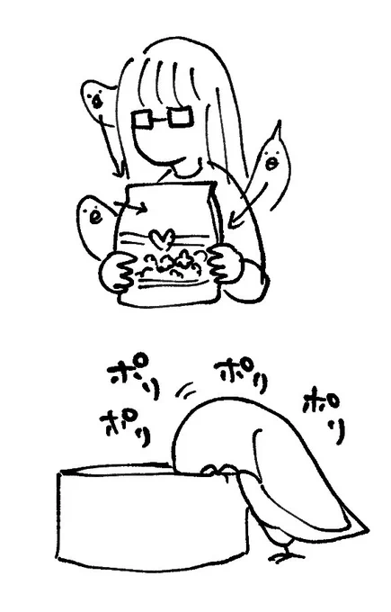 いつも食べてるインコのペレットがやっと入荷して袋見せた瞬間にみんなの期待値MAXになったし一生食べてる 