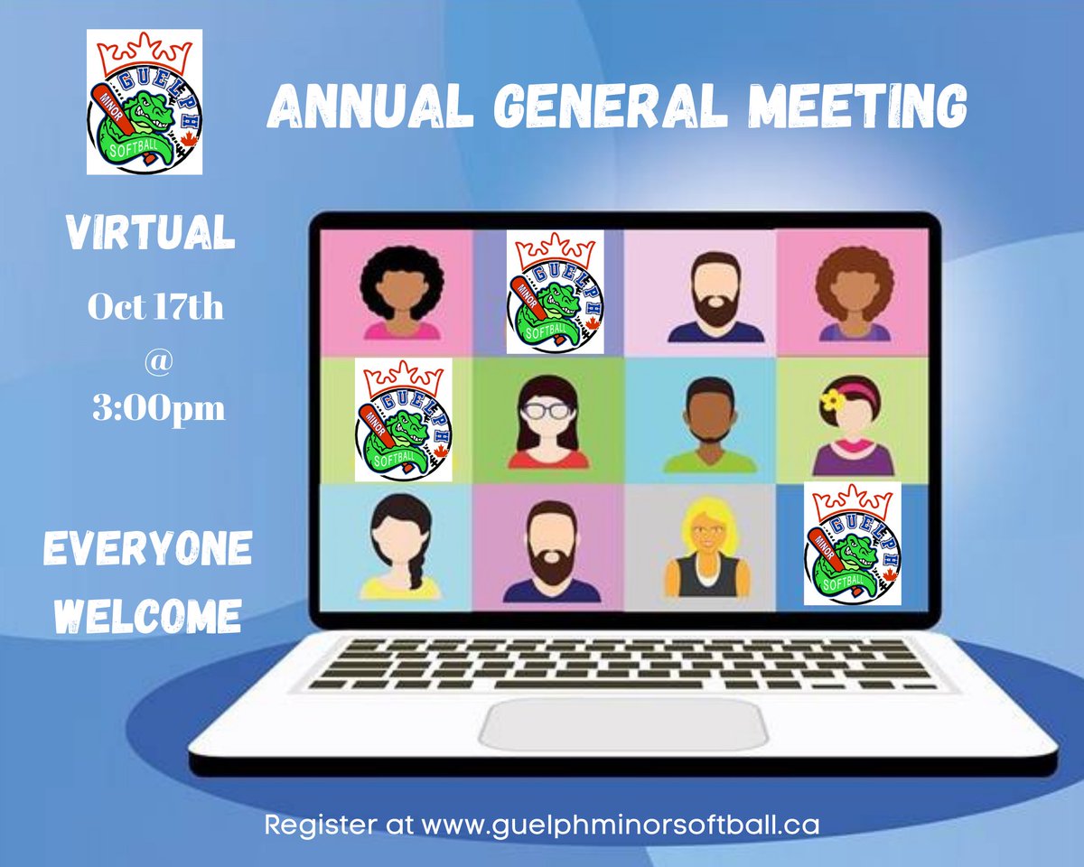 Please join us for our 2021 Annual General Meeting.

It will be hosted via Zoom on Oct 17th @ 3pm.

Please register online at guelphminorsoftball.ca 
A link will be sent to those that register.

We hope to see you there!!
#lovesoftball #gatorproud #guelphsoftball
