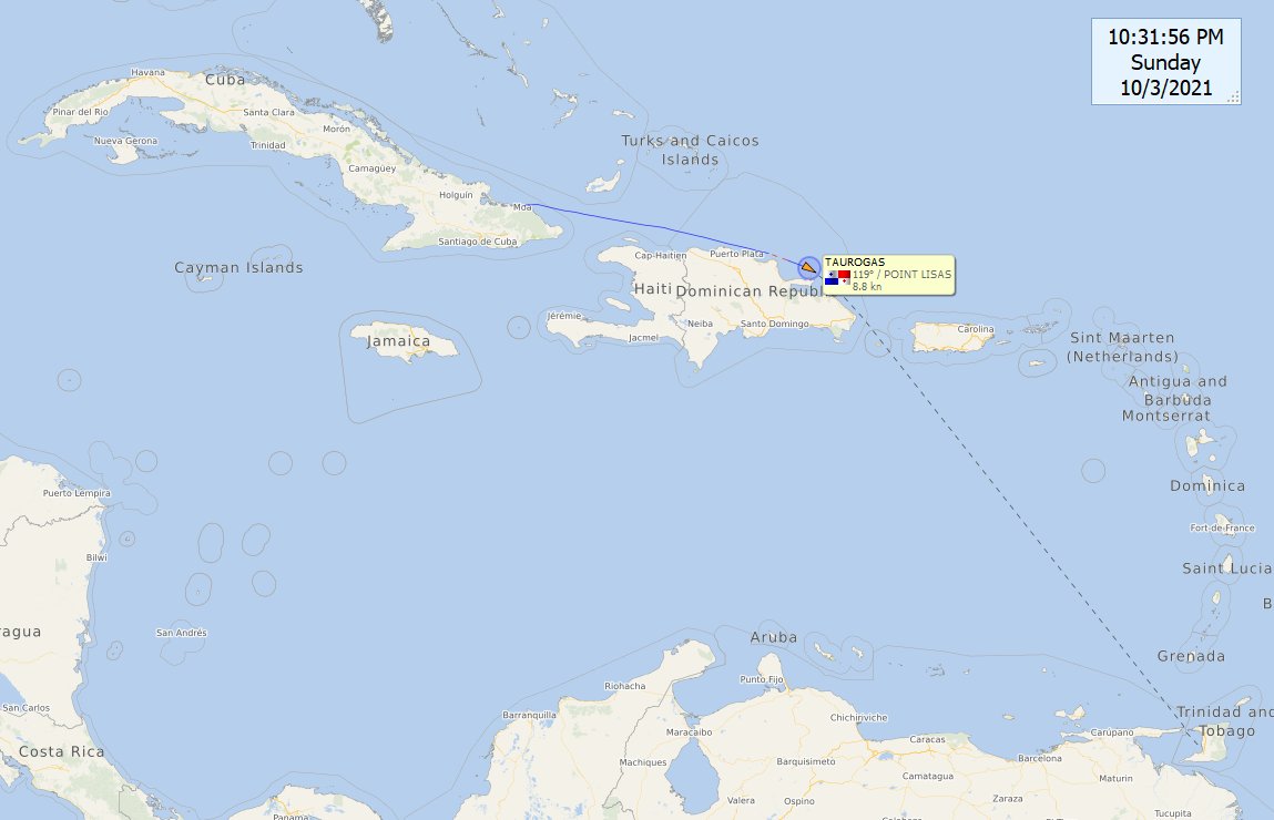 FlconEYES's tweet photo. DICTADURA 🇨🇺 TRAFICANDO #IMO9031985 #TAUROGAS Salió de Moa con destino a #TrinidadandTobago en otro viaje más de su ruta única. Presuntamente cargado con 3220 metros cúbicos de combustible. #SOSCuba #CubaMuere #PCC #OOTT #OilandGas #3Octubre #Cuba https://t.co/cXjSoWbZ3l