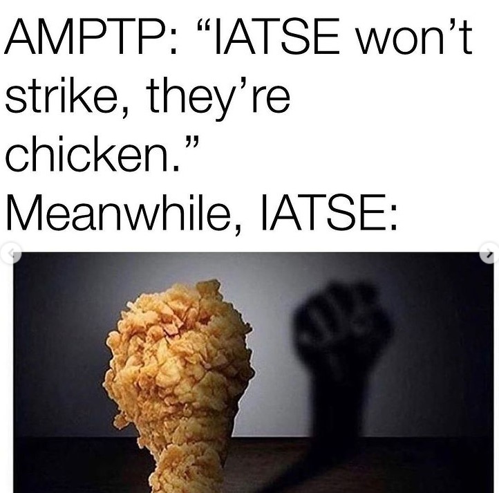 sara411's tweet photo. @_suecasa If you haven't seen this, some good memes about the potential strike https://t.co/uuvjnp7emU  #IAsolidarity #IATSEsolidarity #IATSEstrong #IAweStandTogether #IamIATSE
#IStandWithIATSE #UnionStrong 
 #GiveUsArest #IAlivingwage 
#amptp #IATSE #1u
#iatsestrike 
#IAVoteYes  #voteYES https://t.co/K6rIyuDQ1p