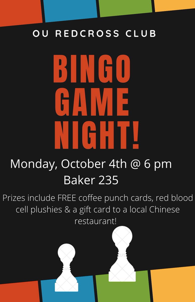 OURedCrossClub's tweet photo. BINGO NIGHT! Tomorrow @ 6:00 pm in Baker 235, come have fun &amp; win some prizes! https://t.co/WFovOD9y4e