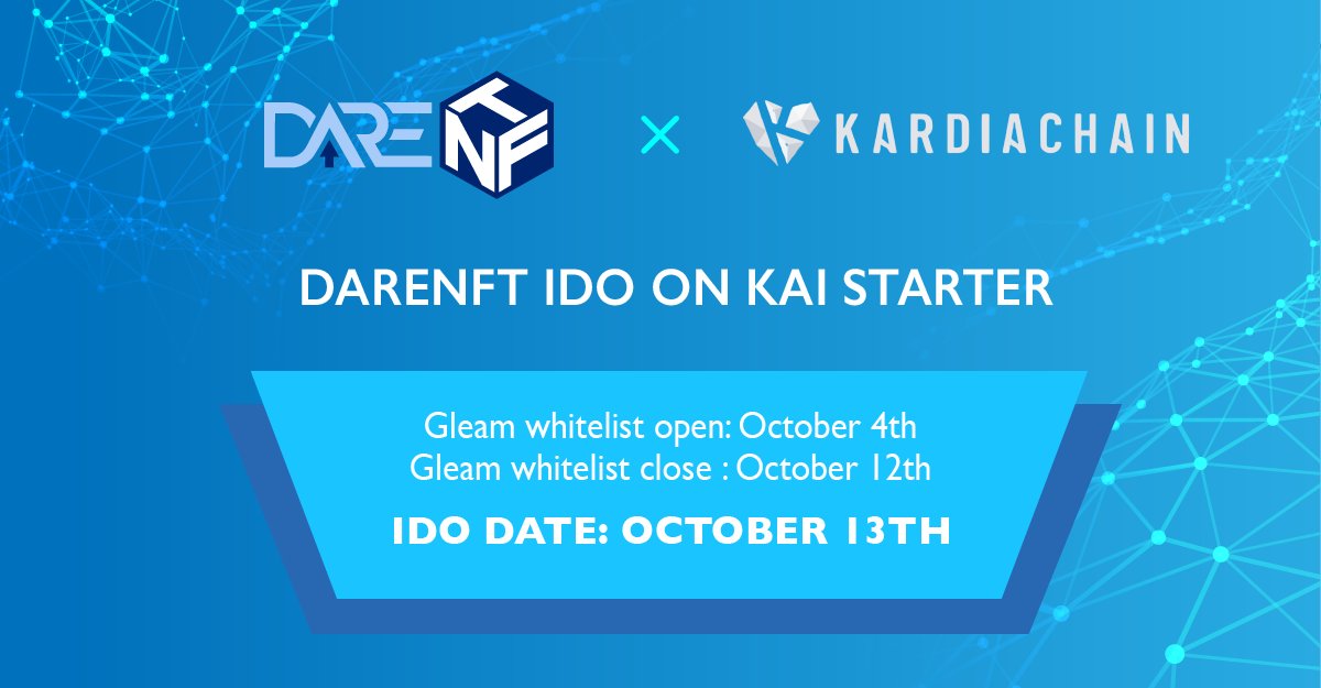 darenft's tweet image. We're thrilled to announce our partnership with @KardiaChain. Our 1st cooperation will be our public sale on #KAIStarter, the 2nd launchpad of #DareNFT IDO 

Whitelist opens NOW!

👉Submit 250 $DKAI &amp;amp; your allocation is secure
👉Or do the gleam tasks

🚀🚀gleam.io/BjVYu/darenft-…