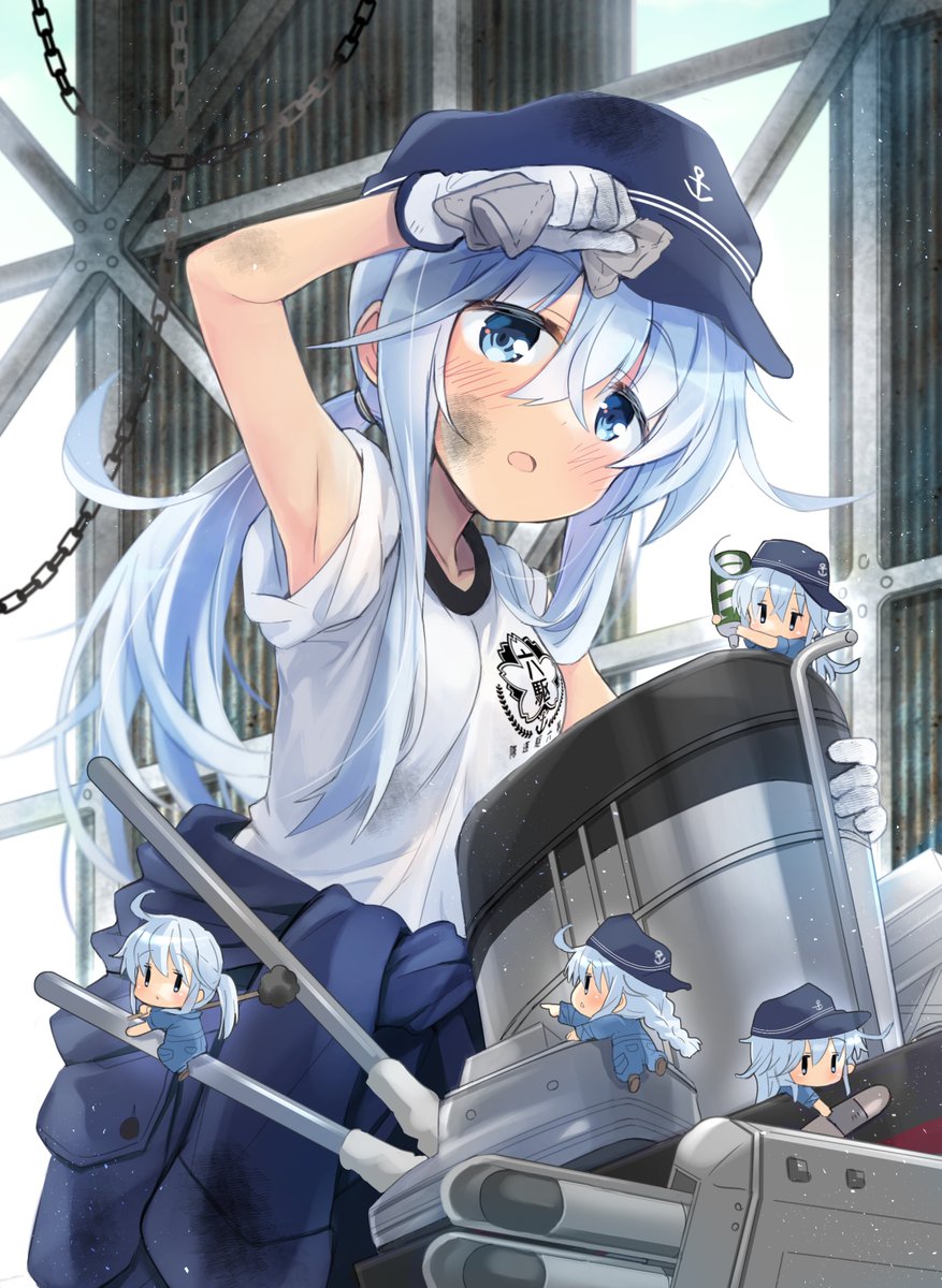 hibiki (kancolle) long hair hat clothes around waist blue eyes dirty gloves jumpsuit  illustration images
