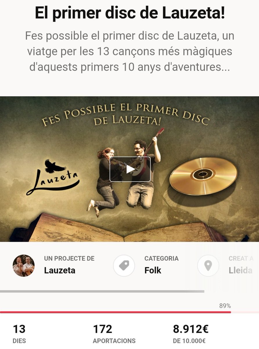 Per a nosaltres el 13 és un número molt especial... i són els dies que queden de <a href="/verkami/">Verkami</a> ! 
Ens queda menys d'un 11% de l'objectiu i estem nerviosets, ja gairebé ho tenim això!!! 

Vaaaa que farem el nostre primer diiiisc!!! 🥳💛

Vkm.is/lauzeta