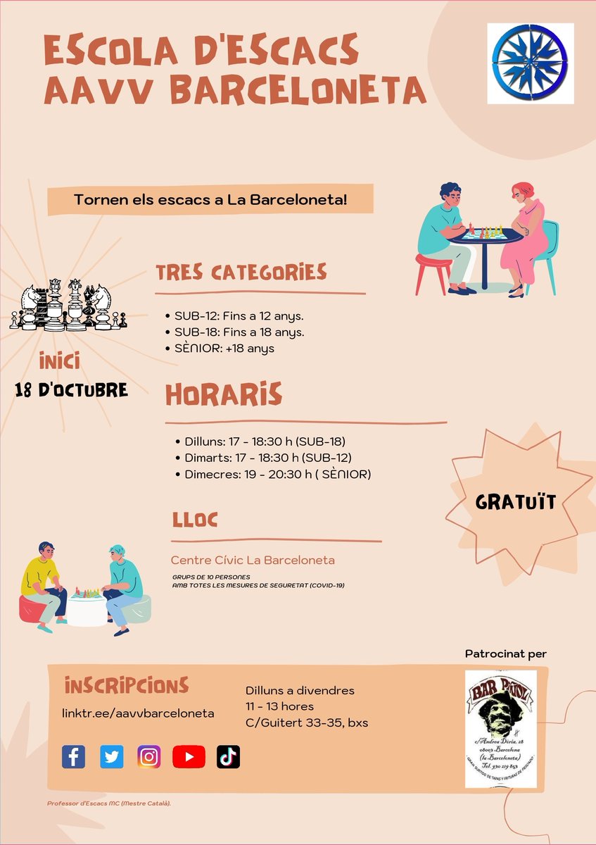 aavvbarceloneta's tweet image. Des del 18 d&apos;octubre al centre cívic de la Barceloneta. #EscoladEscacsAAVVBarceloneta 

Les inscripcions estan obertes a través de l&apos;enllaç: linktr.ee/aavvbarceloneta 
o de dilluns a divendres de les 11 h - 13 h al C/Guitert 33-35, bxs.

Més info al cartell 👇
