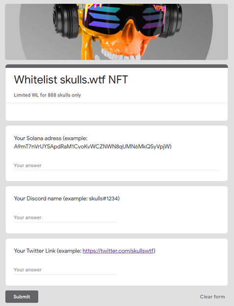 skullswtf's tweet photo. ⚡️💀🗒️💀⚡️

🗒️By popular demand we will open Whitelisting for
💀limited 888 Skulls
⏰today at 6pm UTC

Collection 8888
Mint: 0.88 SOL

#skullswtf #skulls #wtf #wl #preview #whitelist #WL #NFT #Solana #SolanaNFT #SolanaNFTs #mint #drop  #fairlaunch #3D #HD #Collection #Collectibe https://t.co/34OZKvsVCH