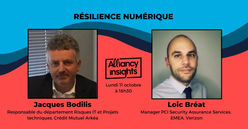 [Alliancy Insights] #RésilienceNumérique : Focus secteur bancaire, les nouveaux risques
  
🗣️ <a href="/BodJake/">Jacques Bodilis</a> (<a href="/cmarkea/">Crédit Mutuel Arkéa</a>) et @LoicBreat (<a href="/Verizon/">Verizon</a>)

🗓️ Lundi 11 octobre à 18h30

Programme et inscription : alliancy.fr/insights-resil…

#banque