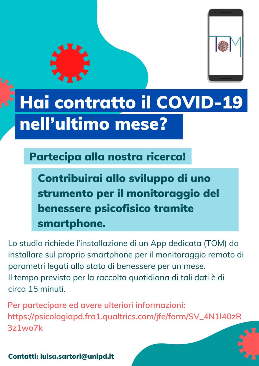 AbAcus_tweets's tweet photo. 📊TOM è la nostra piattaforma per il #MonitoraggioRemoto dello stato di #BenesserePsicofisico di persone affette o guarite dal #COVID19.
📲Curiosi di provarla? Partecipate al nostro studio condotto in collaborazione con @UniPadova!
👉https://t.co/ZNRJoaMsPl
#H2020 @inno4cov19 https://t.co/PSZyQ2Jegy