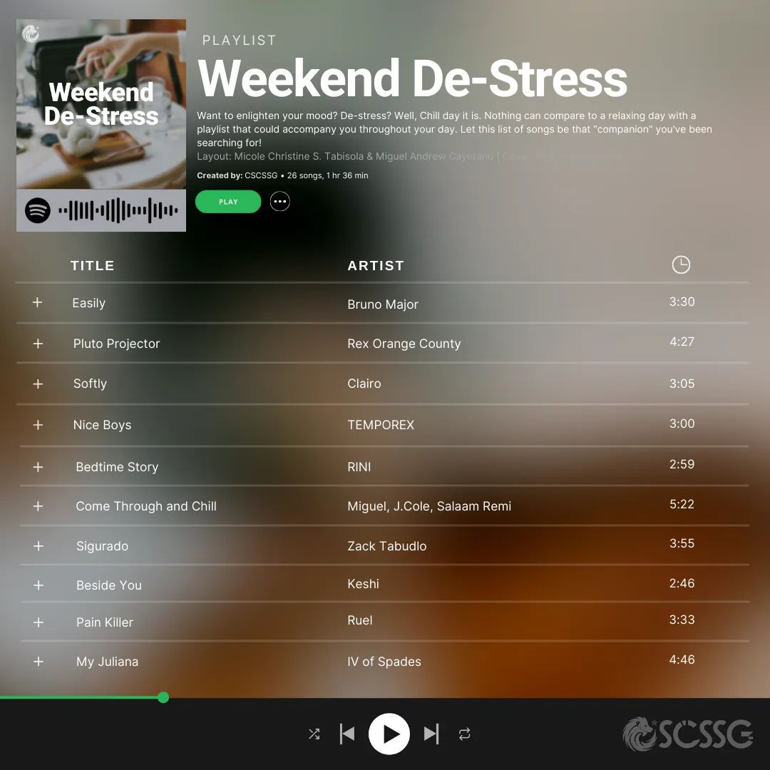 DLSUD_CSCSSG's tweet photo. To officially start our self-care week here's a few things we store for you 
As we mark our Day1 for activities, we challenge you to a Social Media Detox! We encourage everyone, let's be productive! 

We share with you exclusive Spotify playlists songs y'all can jam to! https://t.co/pTSgawfx3l