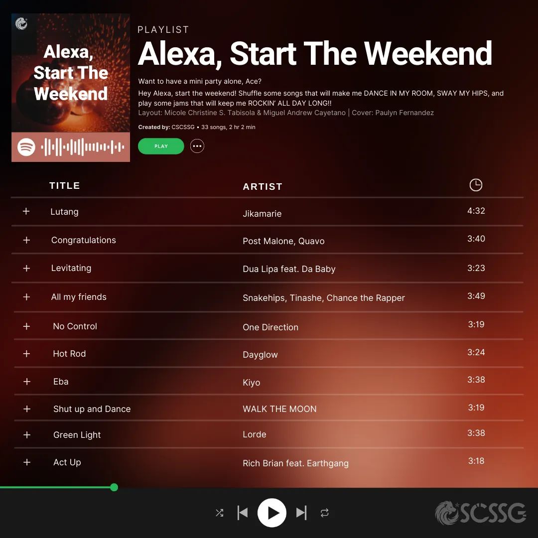 DLSUD_CSCSSG's tweet photo. To officially start our self-care week here's a few things we store for you 
As we mark our Day1 for activities, we challenge you to a Social Media Detox! We encourage everyone, let's be productive! 

We share with you exclusive Spotify playlists songs y'all can jam to! https://t.co/pTSgawfx3l