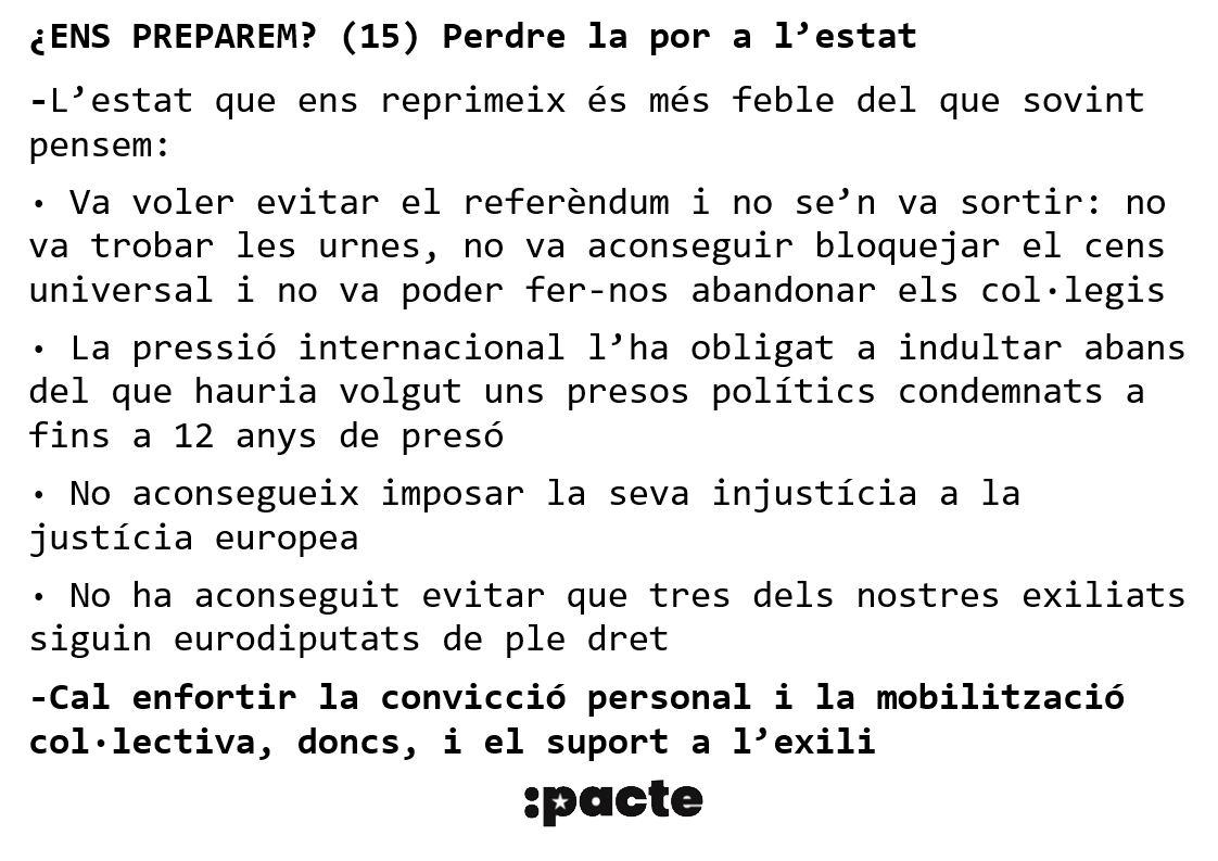 PacteCatalunya's tweet photo. ¿ENS PREPAREM? (15) Perdre la por a l’estat
L’estat que ens reprimeix és més feble del que sovint pensem.
· Va voler evitar el referèndum i no se’n va sortir: no va trobar les urnes, no va aconseguir bloquejar el cens universal i no va poder fer-nos abandonar els col·legis 👇 https://t.co/TK1ew5EpYv