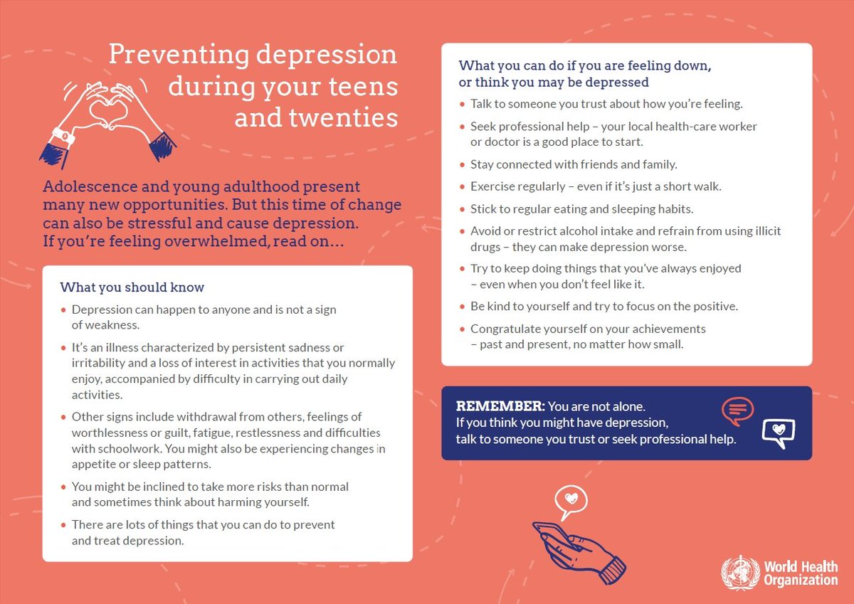 Did you know that the onset of most mental health problems occurs in adolescence? Read up on <a href="/WHO/">World Health Organization (WHO)</a> tips on preventing depression in teenage👇
7 days to #worldmentalhealthday2021