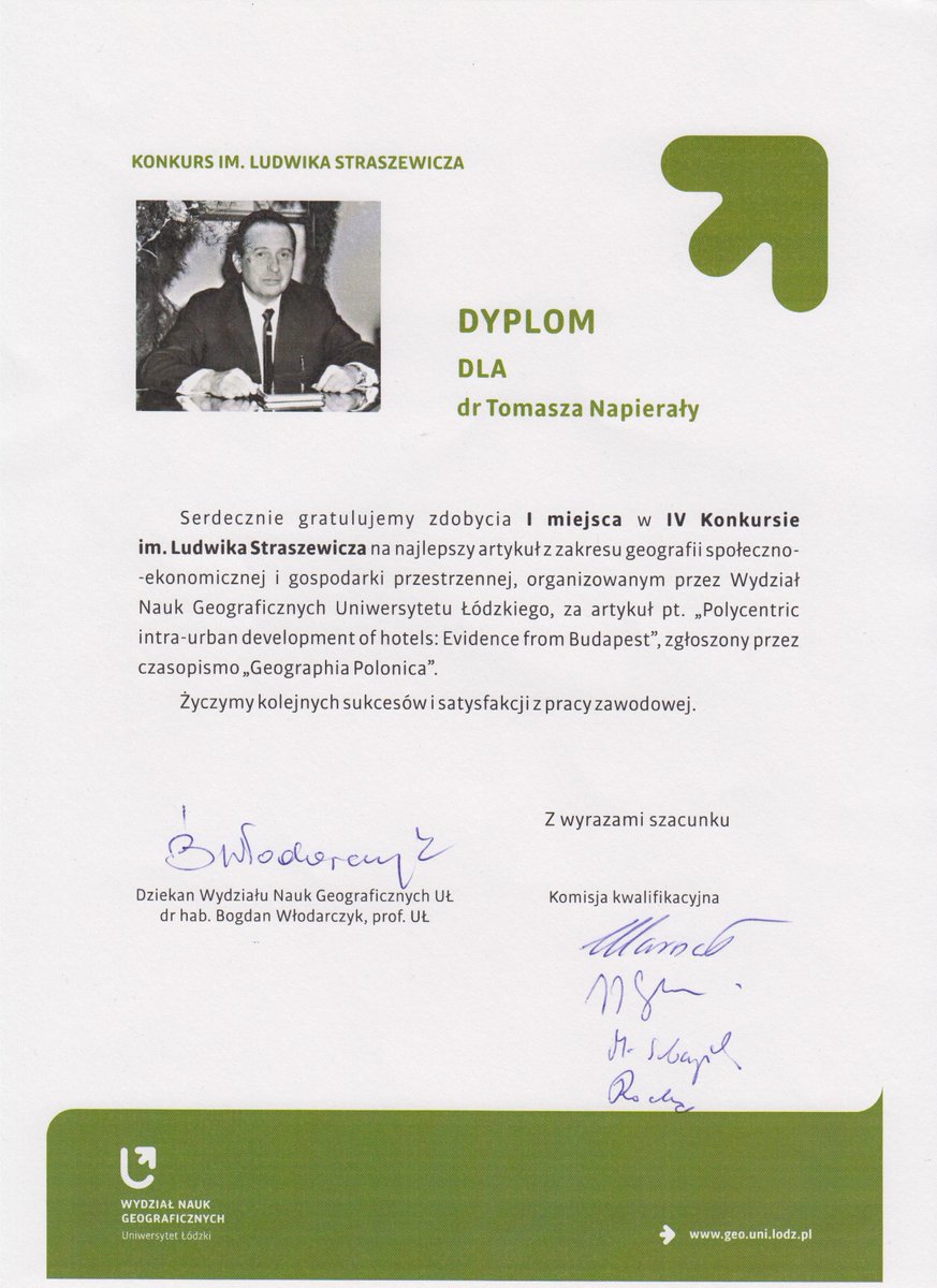 tomnap1979's tweet photo. Proud to receive best paper award in Ludwik Straszewicz competition. This is for the article "Polycentric intra-urban development of hotels: Evidence from Budapest" (https://t.co/vvnmReiO0l). #hotels #geography https://t.co/DSpPEFOmdc