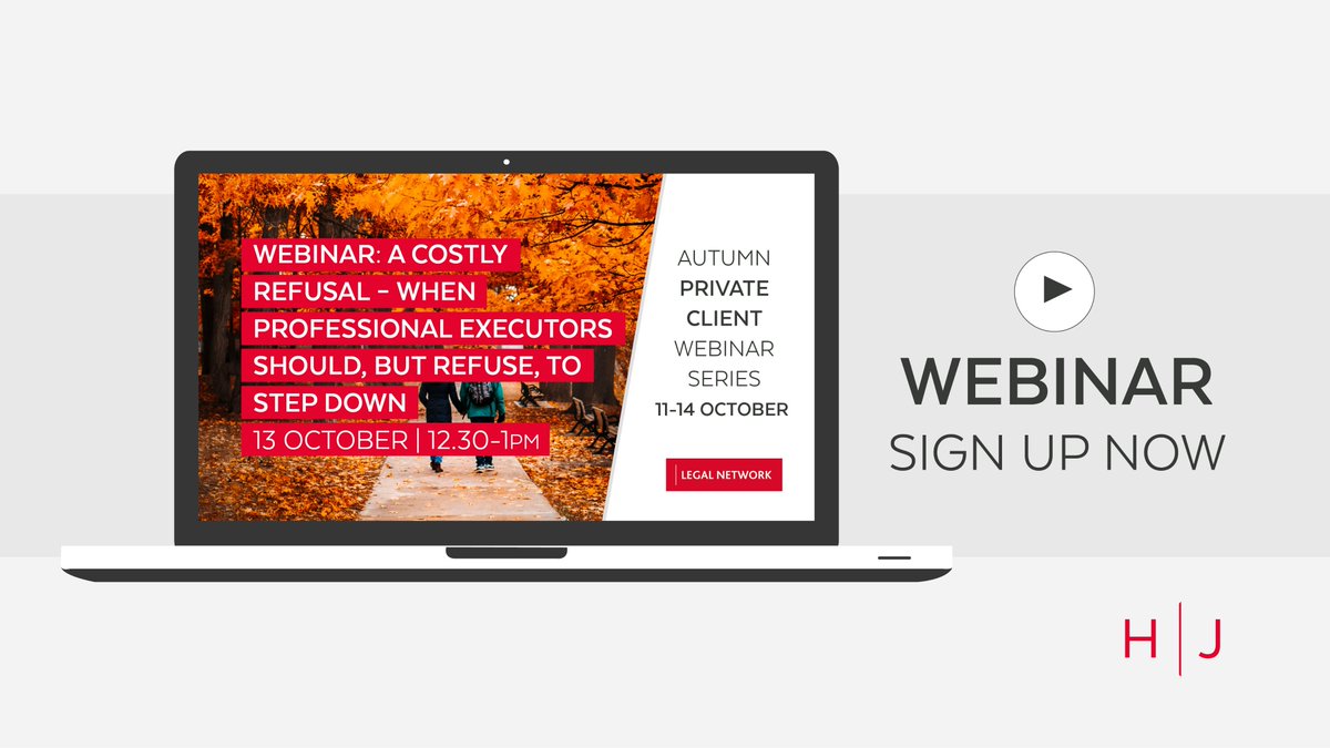 On 13 October, Associate, Kieran Forsyth hosts our #PrivateClients webinar on the fallout when professional executors refuse to step down from their executorship. He'll share an interesting case and discuss other scenarios. 

Register online: bit.ly/LNrefusal-webi…