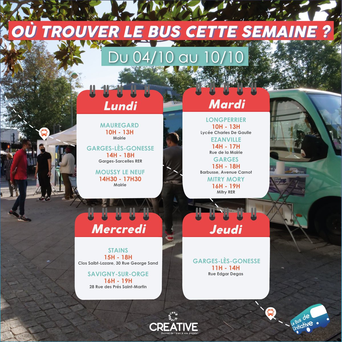 [ AGENDA DU BUS ]
Retrouvez le calendrier de la semaine du bus de l'initiative 🗓️
Le 🚌 parcourra les villes de : Mauregard, <a href="/VilledeGarges/">Ville de Garges</a>, Moussy le neuf, Longperrier, Ezanville, Mitry mory, <a href="/VilledeStains/">Ville de Stains</a>, <a href="/Savigny_Off_91/">Savigny-sur-Orge</a> 
#Busdelinitiative #Emploi #formation #entrepreunariat