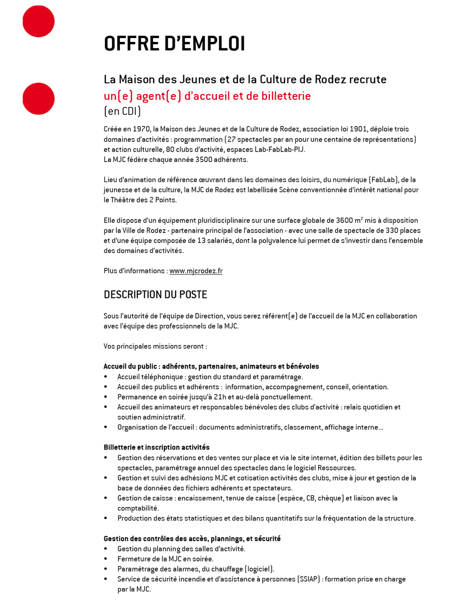 mjcrodez's tweet photo. 📣 La MJC recrute un(e) agent(e) d'accueil et de billetterie en CDI.

Date limite de candidature : 20 octobre 2021.

https://t.co/Yql7Ui0K7K

#Rodez #Aveyron #Occitanie https://t.co/co00qJV2or
