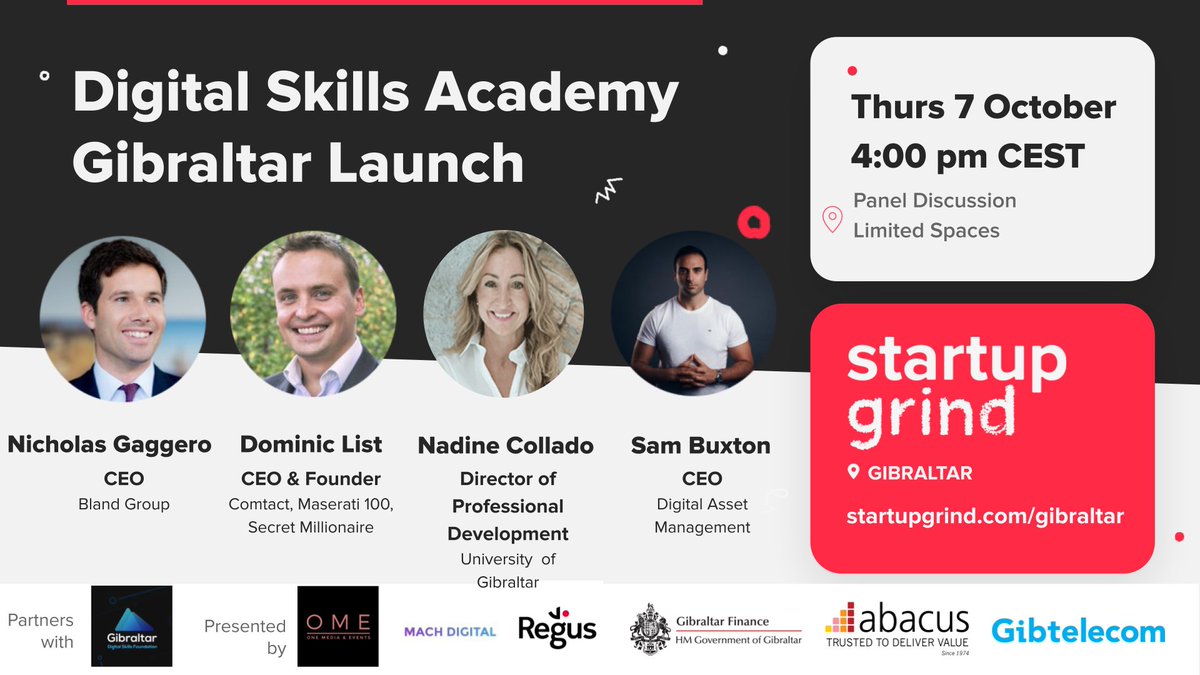StartupGrindGib's tweet photo. Don't miss our event this week with a phenomenal panel discussing “Addressing The Digital Skills Gap” - Launch of The Gibraltar Digital Skills Academy 🚀
📆7th October
⏰4 - 6:00 pm CET
🏨Suite 745, 4th Floor, Building 7, Europort
 Register: https://t.co/BZC1KXFyUj https://t.co/4vAJOnl6HO