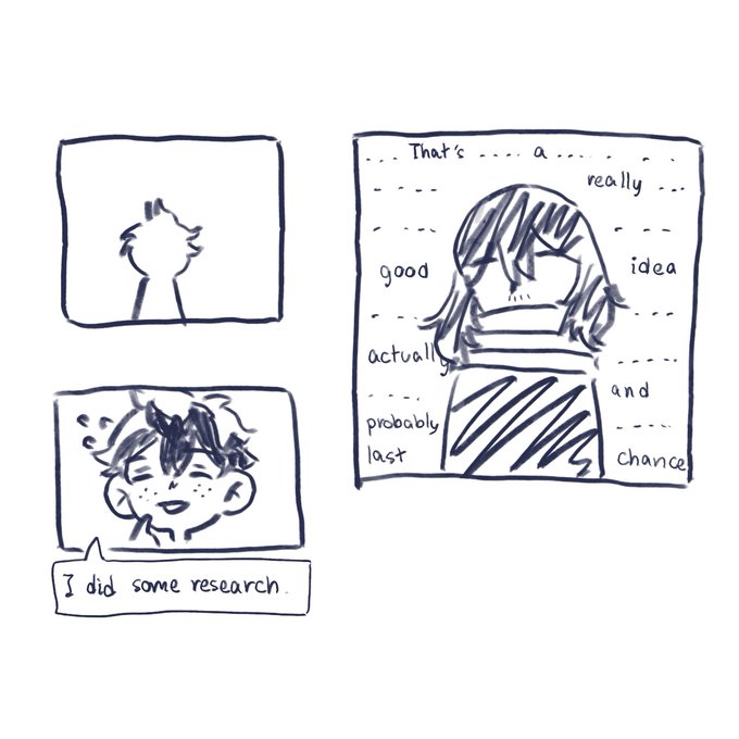 A comic of three panels, two on the left and one on the right. In the top left one, there's a silhouette of Izuku and nothing more. The right one has Aizawa, unimpressed, with the rest of the space filled with random scribbles and disjointed words to show Izuku's muttering. Bottom left panel has Izuku smiling, with a speech bubble saying, quote, I did some research, unquote.
