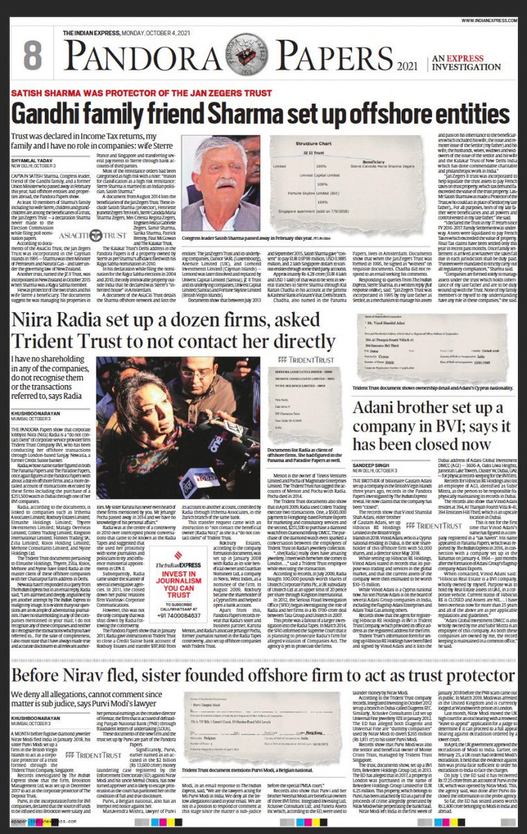 An Express Investigation, Part 1. Prime accused: <a href="/iyervaidy/">P Vaidyanathan Iyer</a>, <a href="/Tweetsandeep/">Sandeep Singh</a>, <a href="/khushboo_n/">Khushboo Narayan</a>, <a href="/RTIExpress/">Shyamlal Yadav</a>, <a href="/mazoomdaar/">jay mazoomdaar</a> and the Ritu (proudly not on Twitter) Sarin. Part 2 tonight. #PandoraPapers.