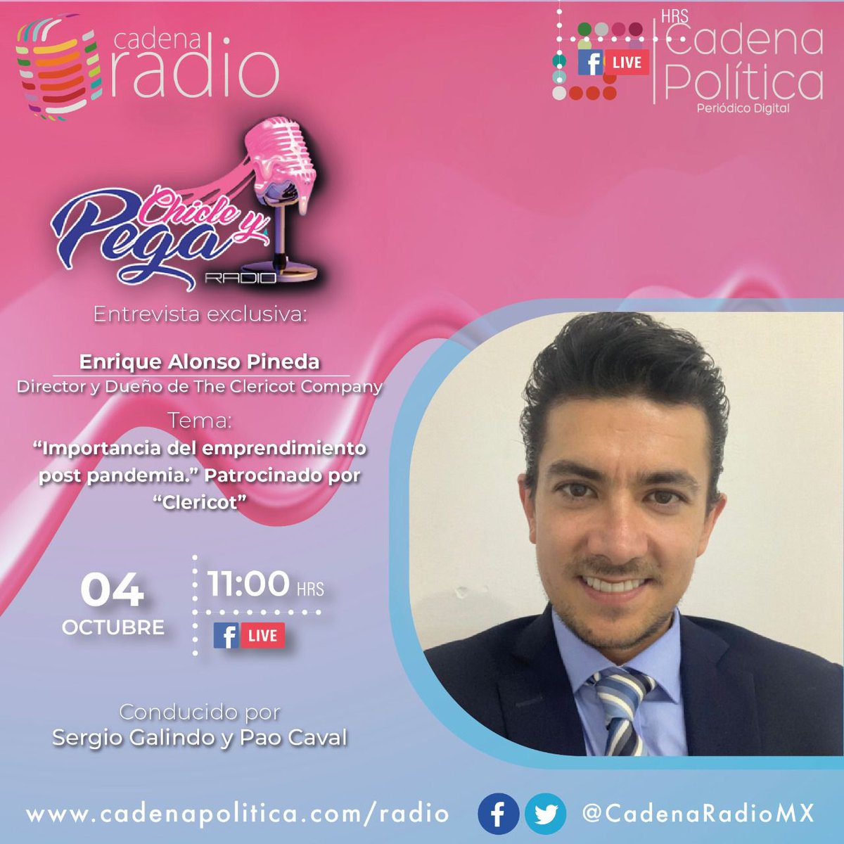 CadenaRadioMx's tweet photo. No te pierdas CHICLE Y PEGA
Este lunes en punto de las 11 horas
Con SERGIO GALINDO Y PAO CAVAL
Invitado: Enrique Alonso Pineda
Director y Dueño de The Clericot Company
Por #FbLiveStreaming en #CadenaRadio
@Theclericotcompany https://t.co/Kll05RnACN