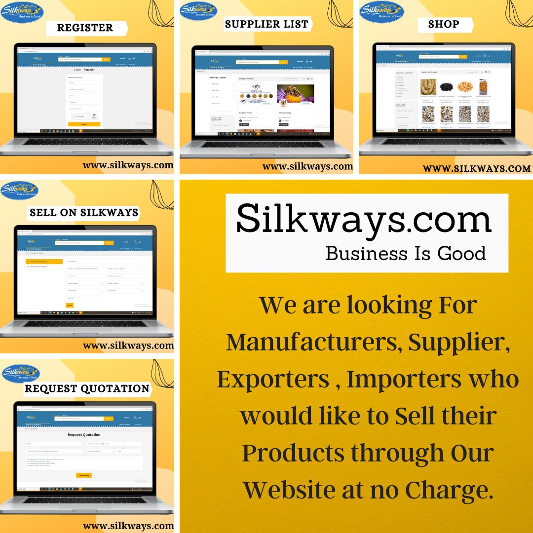 We are looking For Manufacturers,Supplier, Exporters,Importers who would like to Sell their Products through Our Website at no Charge.
Register silkways.com/register
sell on silkways silkways.com/vendor-registr…
Get free quotation silkways.com/quotation
#silkways