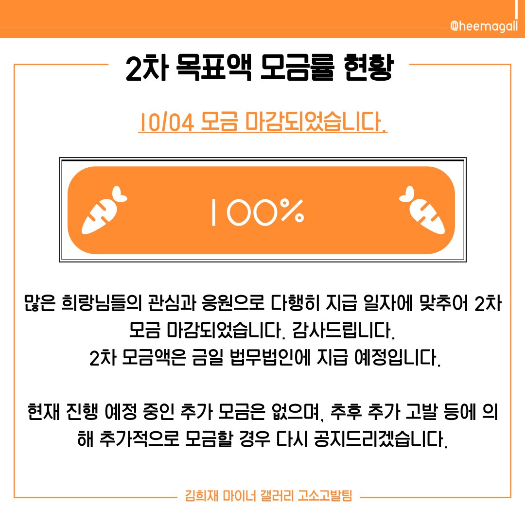 📌 2차 모금 마감 안내 📌

많은 희랑님들의 관심과 응원으로 다행히 지급 일자에 맞추어 2차 모금 마감되었습니다. 감사드립니다.

2차 모금액은 금일 법무법인에 지급 예정입니다.

현재 진행 예정 중인 추가 모금은 없으며, 추후 추가 고발 등에 의해 추가적으로 모금할 경우 다시 공지드리겠습니다