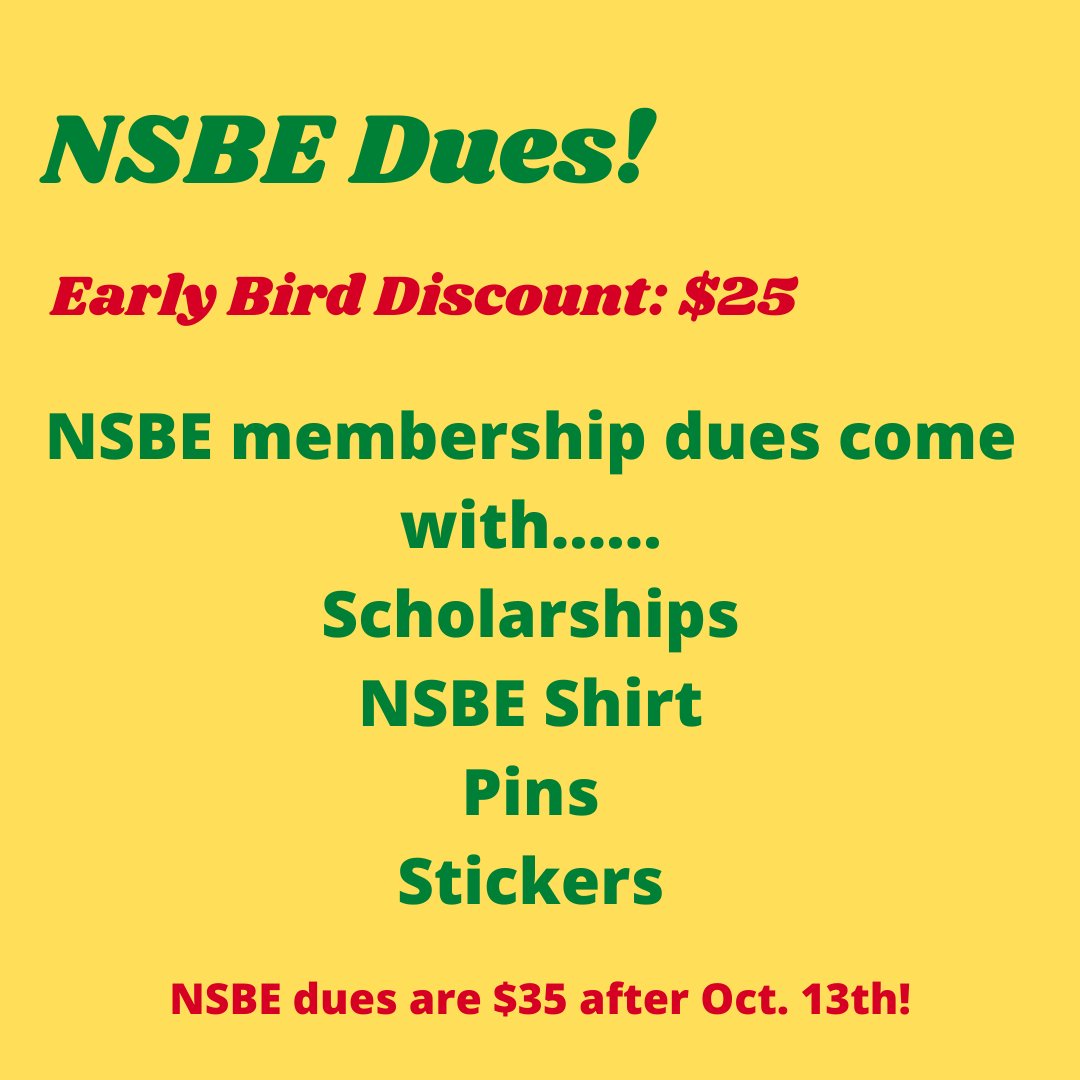 calpolyslonsbe's tweet photo. UPDATE: The early bird discount deadline for NSBE dues has been extended to Oct. 13th! You can pay dues by clicking this link: https://t.co/uyibJcjQvW or bringing cash to our next meeting this Wednesday. Pay your dues as soon as possible so you can enjoy the perks of NSBE! https://t.co/EUrQ49eFbV