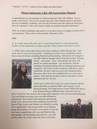 quertygal's tweet photo. Kripke and Ryan created a Lifeboat ‘owner’s manual’ as a part of their #Timeless pitch.  On the cover of the manual, it lists the Lifeboat’s model number as:  LBX-300.
#SaveTimeless https://t.co/LGFl9kzk1p