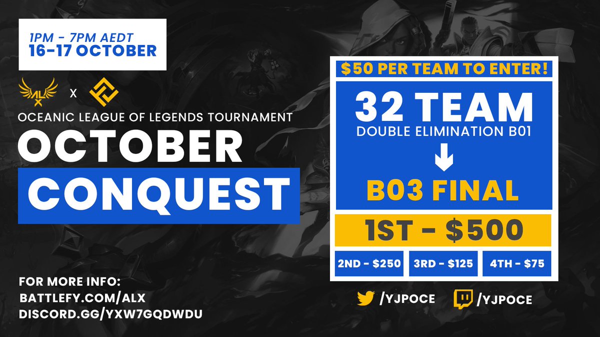 October Conquest
League of Legends Tournament

16th and 17th October
Double Elimination Bo1 with Bo3 Grand Final

battlefy.com/alx
discord.gg/YXW7gqDWdu