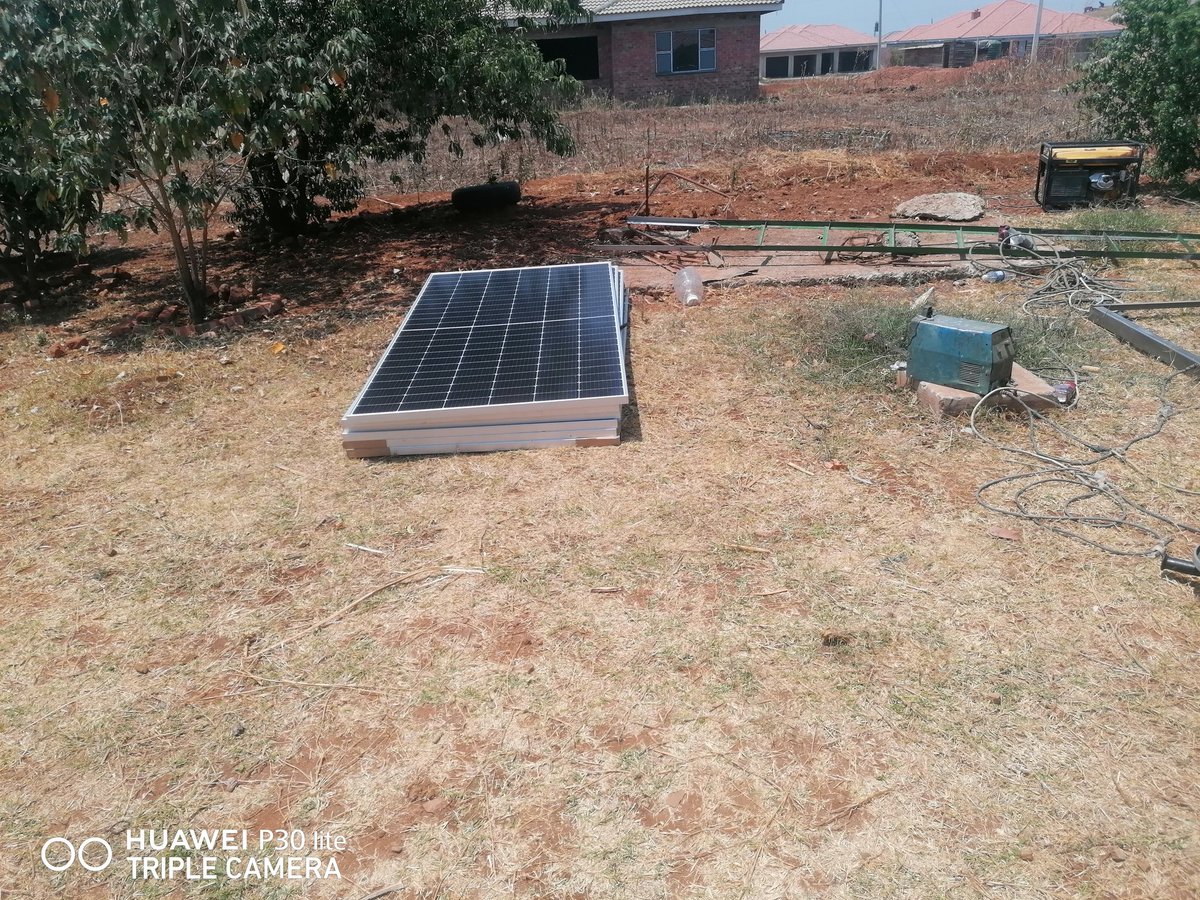 Eng_Madziva's tweet photo. Energy Update: Friday Installation. Roof had inadequate space for us to do a roof mount pv installation so we had to fabricate a frame specifically designed to accomodate the 535W panels to harvest the energy from the sun. An offgrid 5kva system. #SolarShackInstallation https://t.co/0Gb9faCNUG