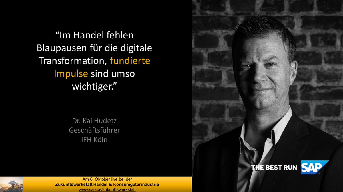 Zukunftswerkstatt - nur noch 2 Tage 
#Digitale #Transformation im Handel - aber wie? Antwortee - hier: url.sap/b9jn0e. Am 06.10 diskutiert Kai Hudetz <a href="/IFHKoeln/">IFH KÖLN</a> diese These mit Babyone, Gautzsch und REWE.

<a href="/SAP_Retail/">SAP Retail</a> <a href="/ITOnlinemagazin/">IT-Onlinemagazin</a> #HandeldigitalErleben #innovation