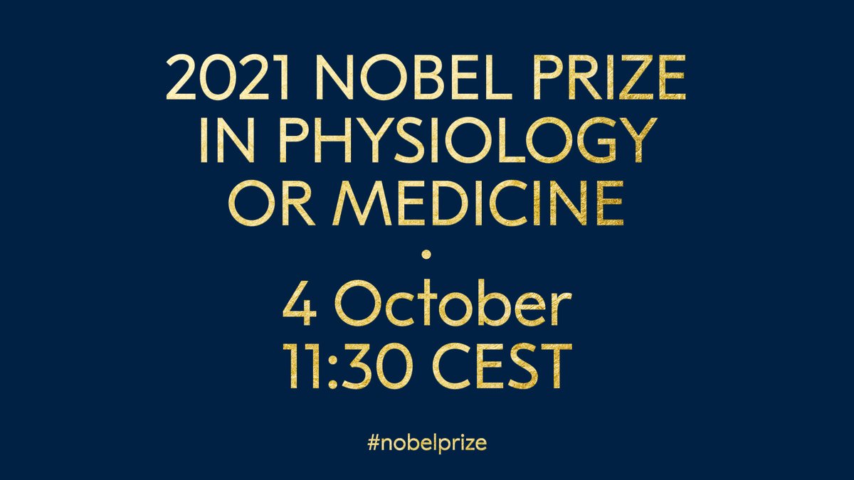 Coming up: we'll soon be announcing the first of this year's Nobel Prizes. 

Stay tuned to discover who has been awarded the 2021 Nobel Prize in Physiology or Medicine. We'll be breaking the news right here <a href="/NobelPrize/">The Nobel Prize</a>.

Watch live: x.com/i/broadcasts/1…

#NobelPrize