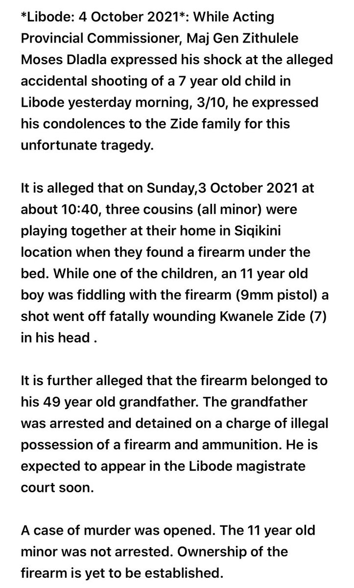 ewnreporter's tweet photo. A 7yo child has been accidentally shot and killed by another child who police say, had been fiddling with a firearm theyβd found while playing at their home in #Libode in the EC. SF https://t.co/KdxgeNeW6v
