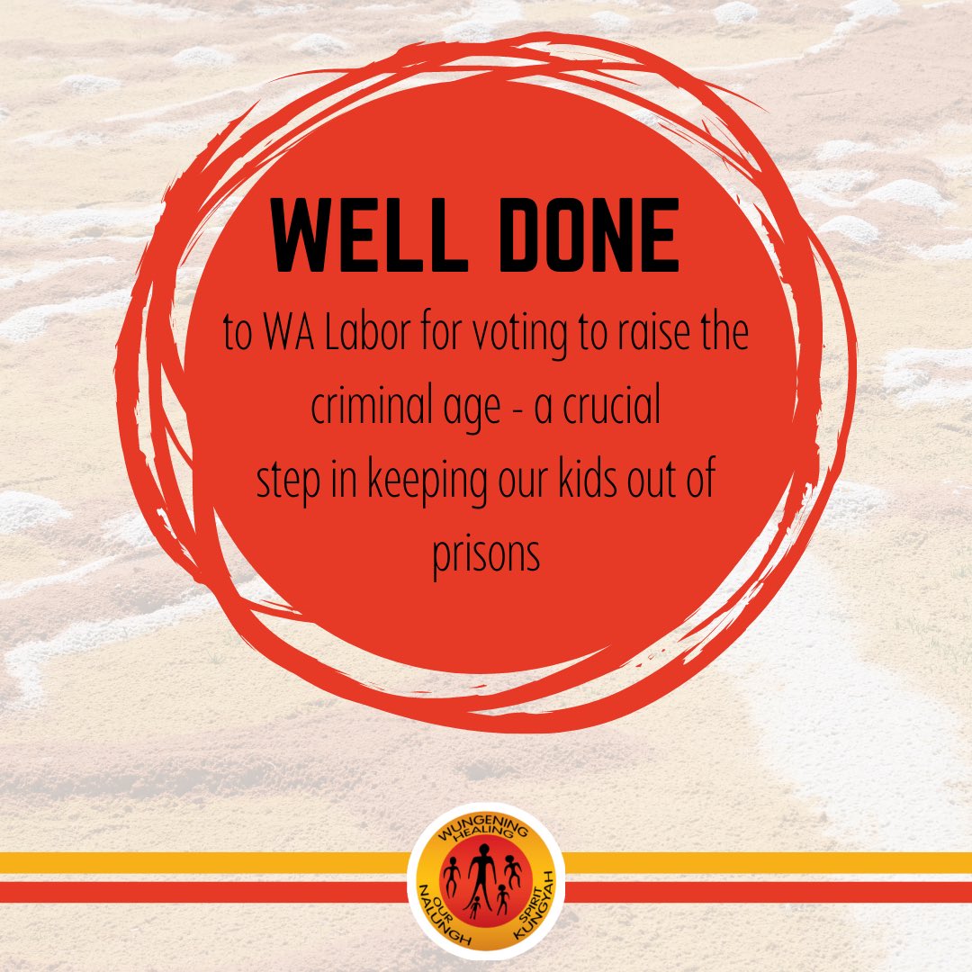 wungening's tweet photo. WA Labor voted over the weekend to increase the age of criminality from 10 to 14.

We congratulate and thank the WA Labor Party for moving to make this a part of their party policy.
 
Read more about the #RaiseTheAge campaign here: https://t.co/J2erHhlnCK https://t.co/IeYxYaox4I