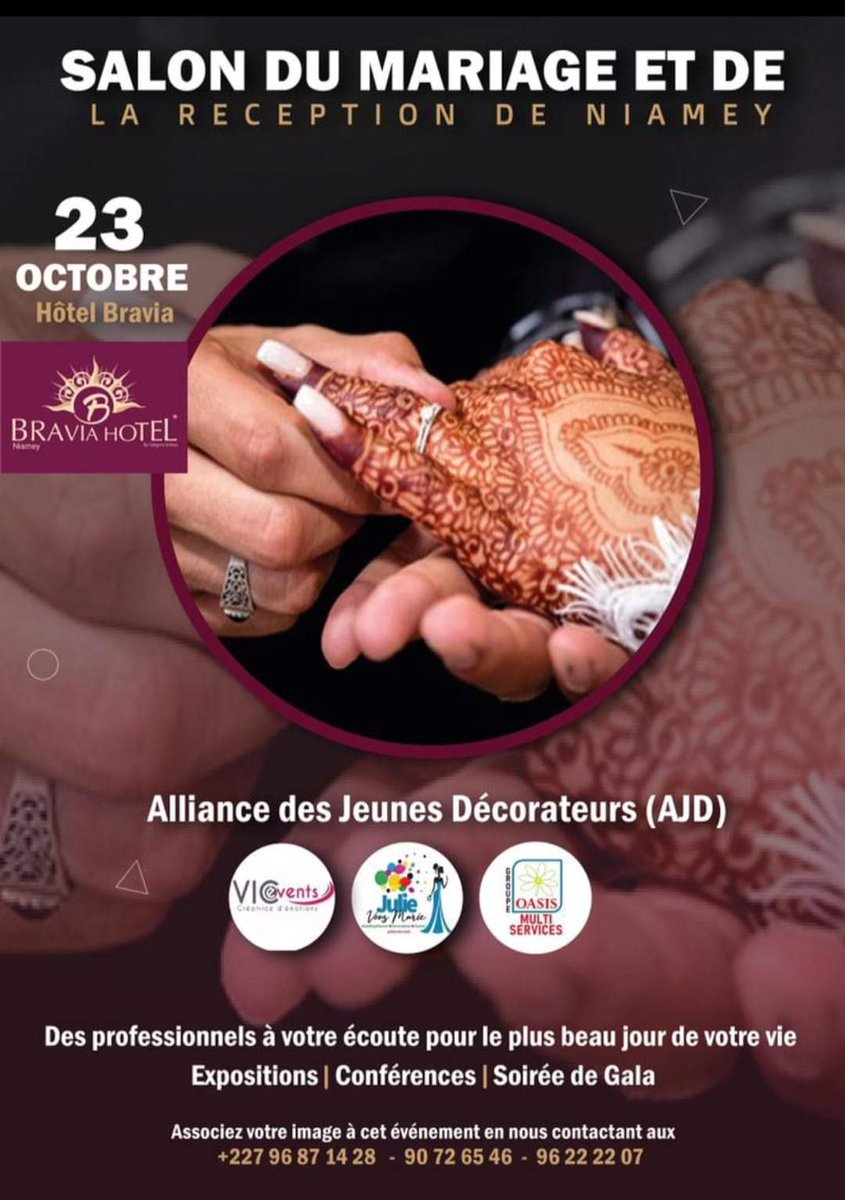 La première Édition du Salon du Mariage et de la Réception de Niamey prévu pour le 23 Octobre à l'hôtel Bravia, Venez découvrir les professionnels du mariage en passant par des Décorateurs, des Make Up Artistes, des Salon de beauté, les bonnes senteurs etc...