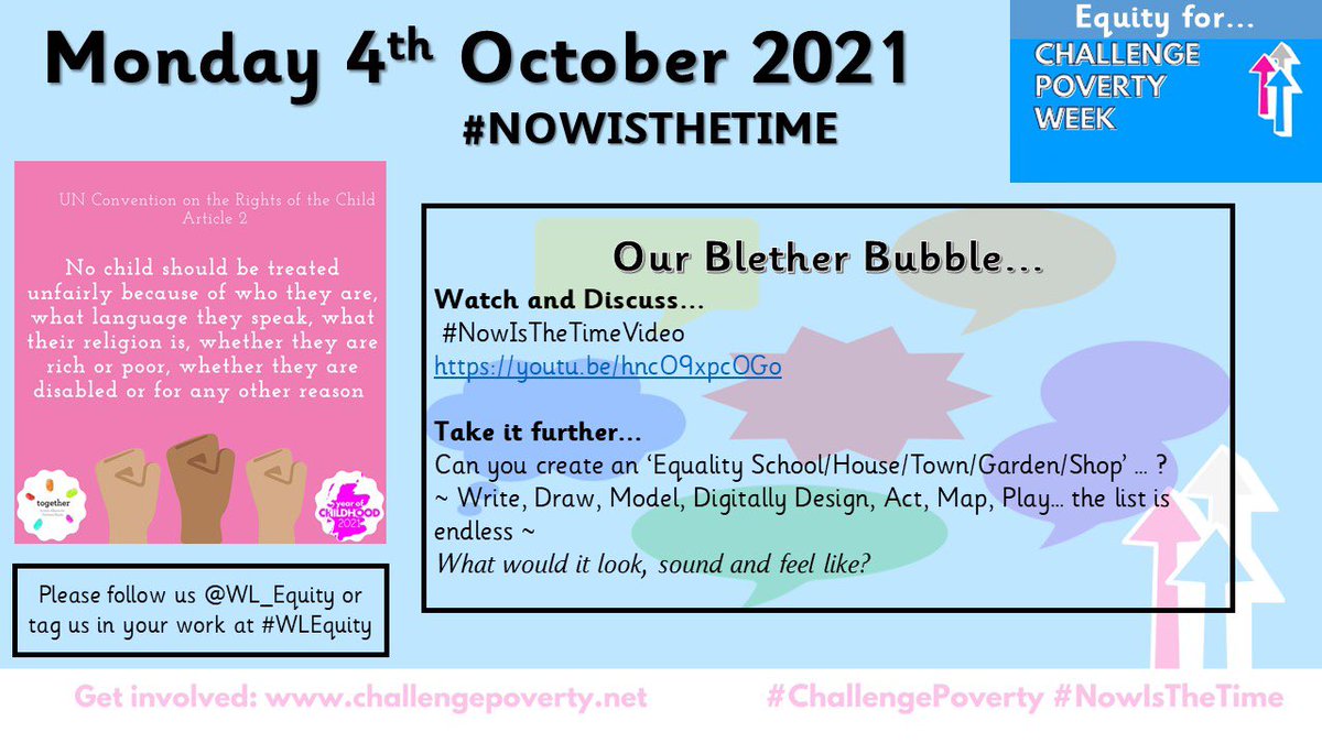WL_Equity's tweet photo. Monday… #NowIsTheTime … @CPW_Scotland
💡 Our Blether Bubble of the Day… Watch and Discuss or Take it Further too…
💭 Please share your school community, children and/or young people’s thoughts and activities @WL_Equity or #WLEquity ❤️ https://t.co/8eeXxkCSJJ
