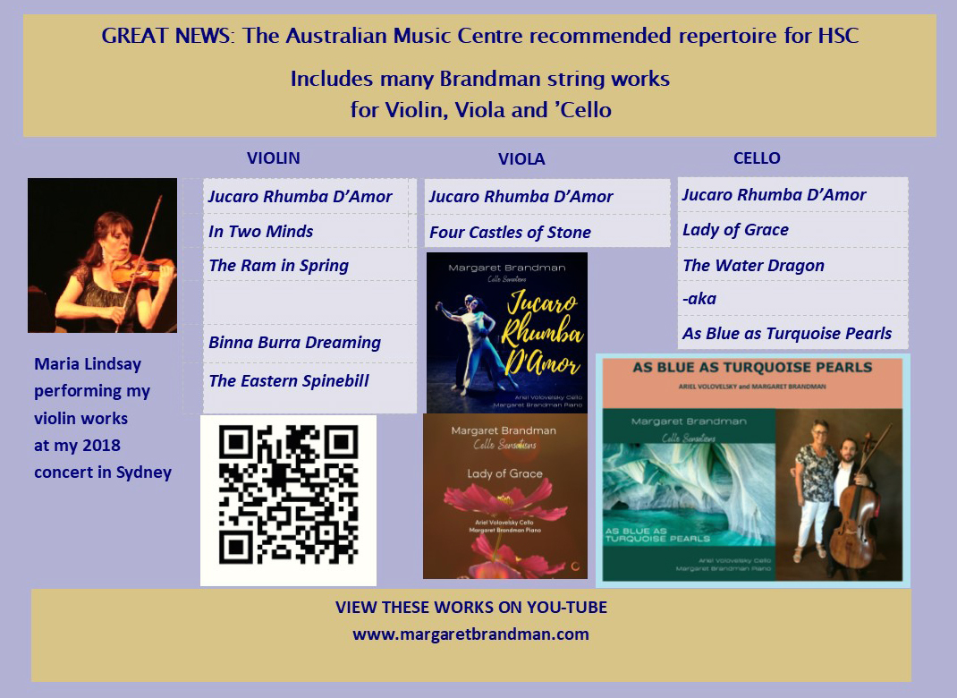 margbrandmusic5's tweet image. Many of my works for Strings with piano are included in the Australian Music Centre&apos;s recommended repertoire lists for HSC performances. Listen to superb performances of these works on Spotify or YouTube. Scores are available from AMC.
