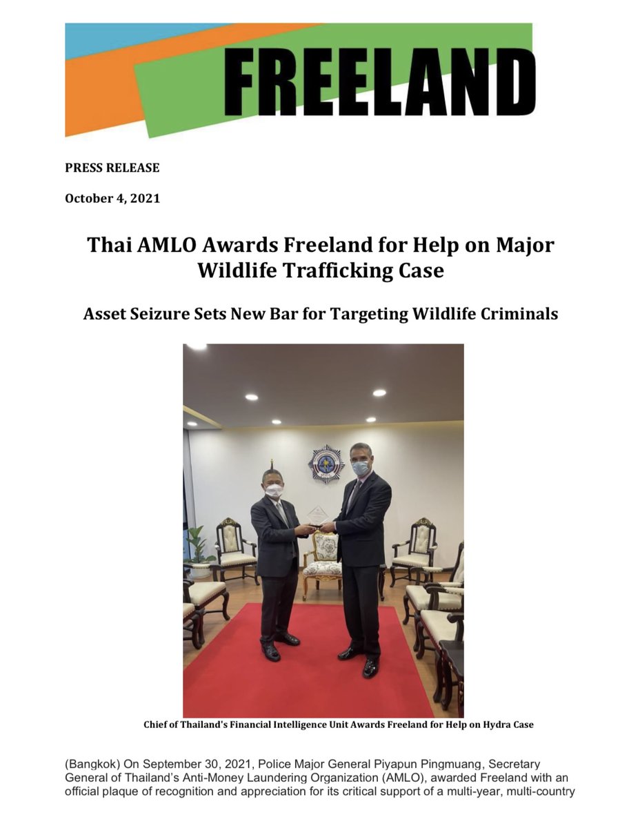 FREELANDglobal's tweet photo. Thai AMLO Awards Freeland for Help on Major Wildlife Trafficking Case: Asset Seizure Sets New Bar for Targeting Wildlife Criminals. #Freeland #AMLO #AntiMoneyLaundering #wildlifetraffickingsyndicate #WildlifeCriminals https://t.co/Ybili2EC9P