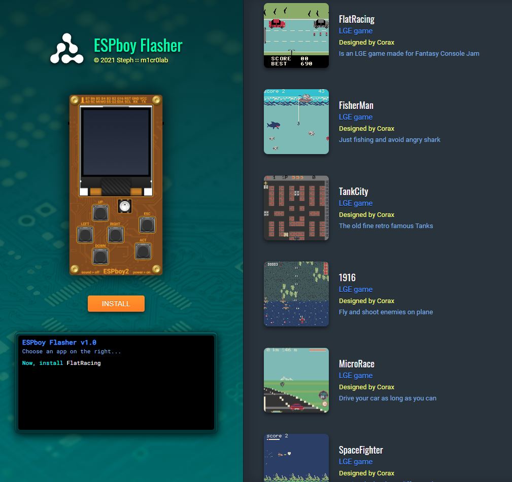 ESPboy_edu's tweet photo. Here is Web-AppStore1, created by @steph_m1cr0lab. It's incredible and very cool! We can download apps in ESPboy now by simply selecting the desired app in the browser. Thanks, @steph_m1cr0lab! https://t.co/QrYOLtv3OV https://t.co/Gm30ZDsBqw