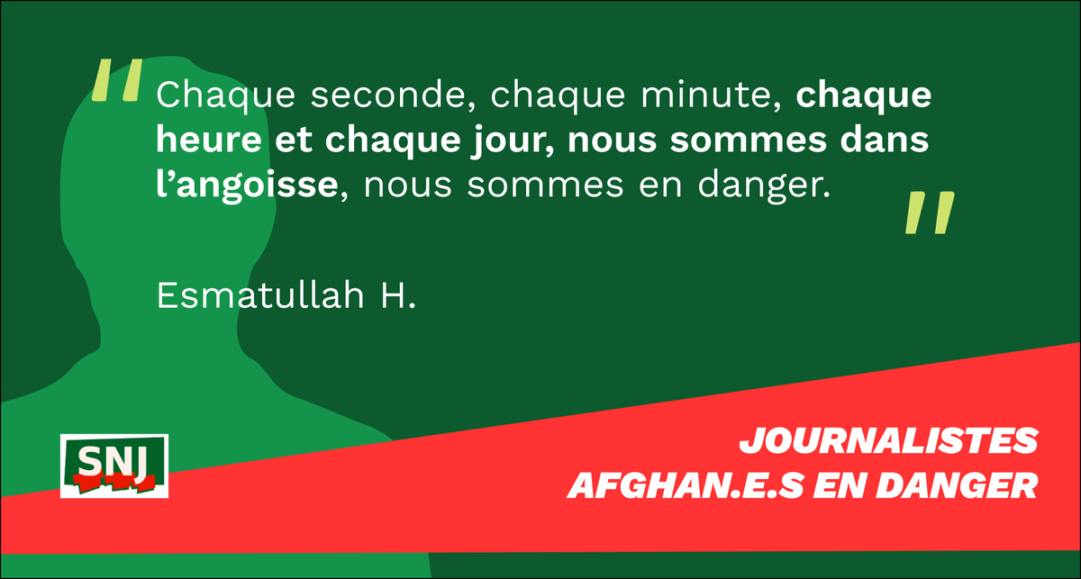 SNJ_national's tweet photo. #Jour22 
Khesraw, Parsa, Sarwar ou Esmatullah... @SNJ_national accompagne des centaines de femmes et hommes journalistes afghans, en danger dans leur pays. Nous réclamons leur évacuation @francediplo @JY_LeDrian @EmmanuelMacron 
#AfghanJournalists 
Voici leurs témoignages ⬇️ https://t.co/fm2qMup1Id